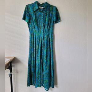 Coldwater Creek Teal Blue Green Paisley A line dress collar button up